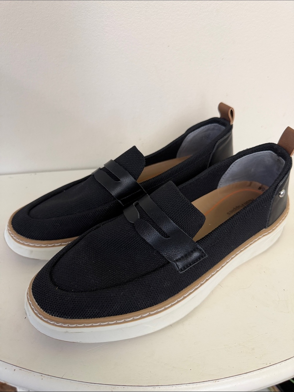 Hush Puppies Black Canvas Slip-On Penny Loafers with White Sole